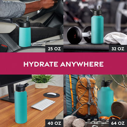 FineDine Water Bottle - Stainless Steel Insulated Water Bottle with Straw Lid, Flip Lid & Wide-Mouth Cap - Keeps Hot and Cold - 25 Oz / 739ml - Dreamy Purple