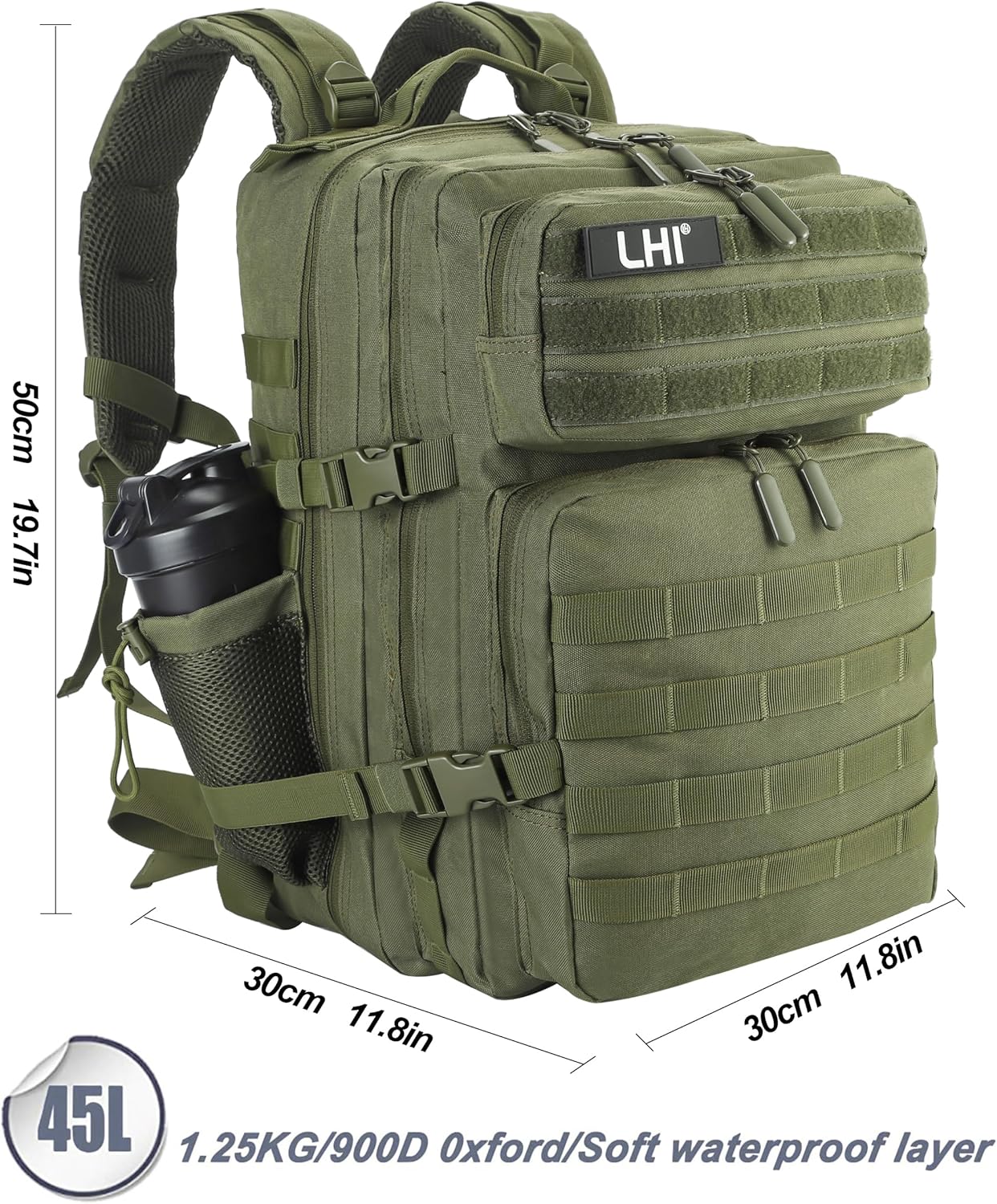 LHI Military Tactical Backpack for Men and Women 45L Army 3 Days Assault Pack Bag Large Rucksack with Molle System - Black - Colors A