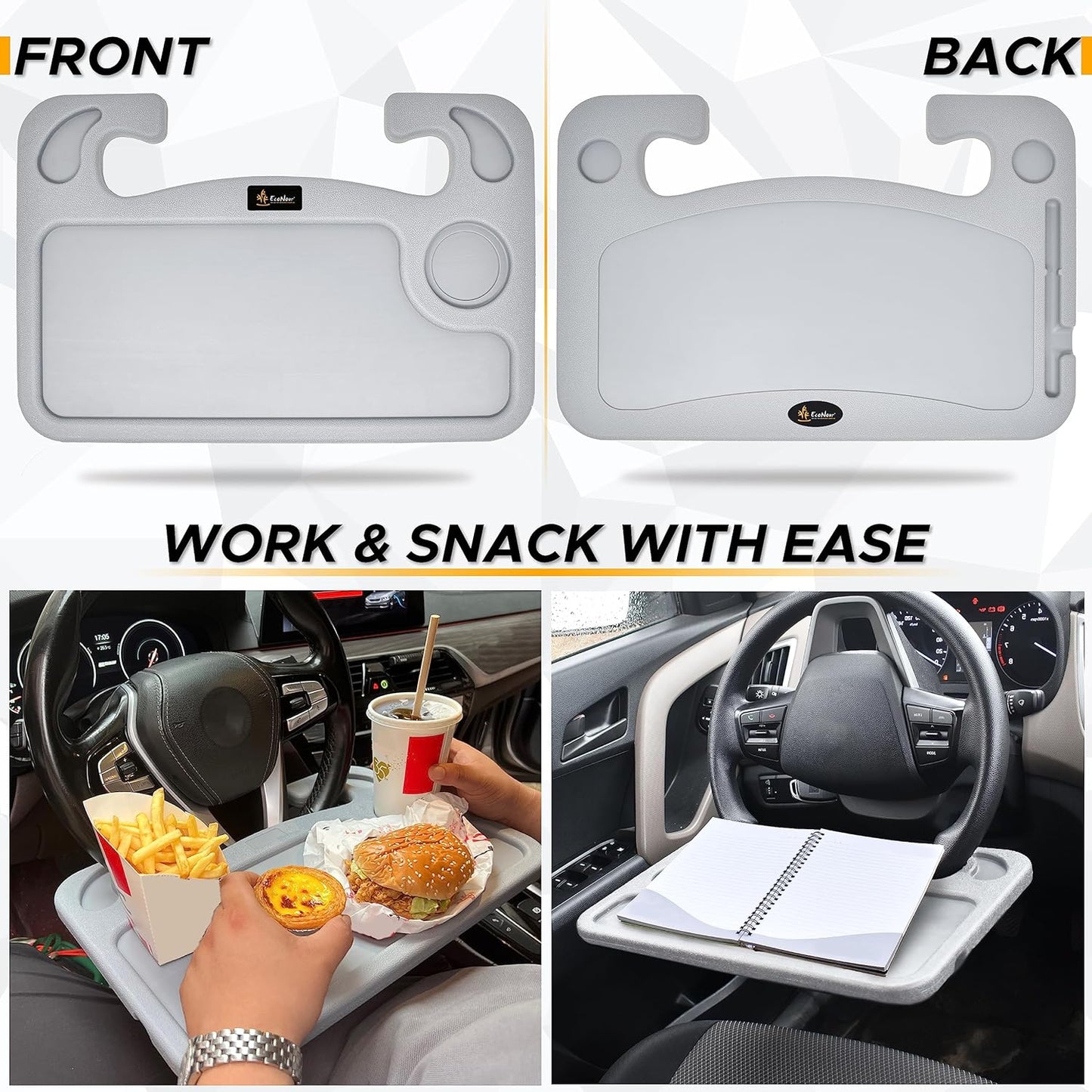 EcoNour 2 in 1 Car Steering Wheel Desk | Tray for Laptop Car Mount with Pen Holder | Desk Console for Car | Food Tray for Eating with Drinks Holder | Multipurpose Travel Car Accessories