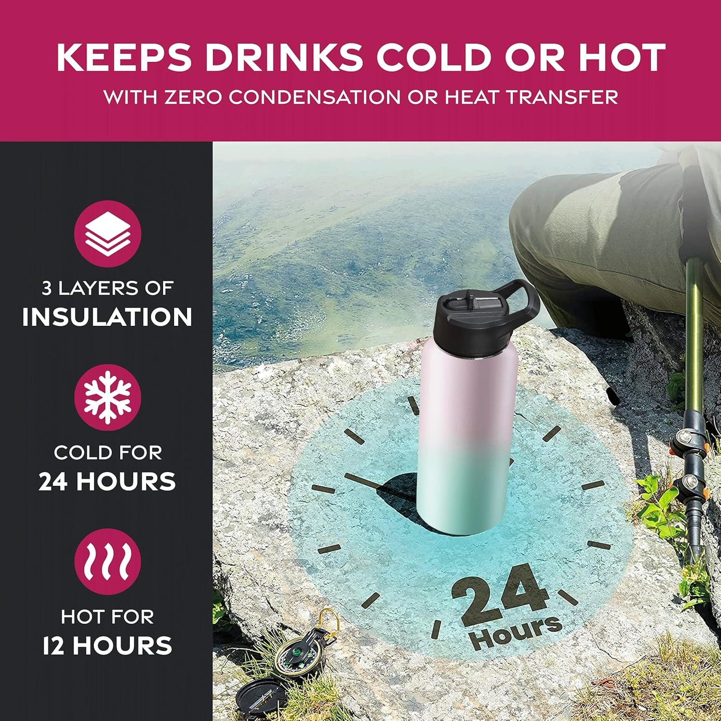 FineDine Water Bottle - Stainless Steel Insulated Water Bottle with Straw Lid, Flip Lid & Wide-Mouth Cap - Keeps Hot and Cold - 25 Oz / 739ml - Dreamy Purple