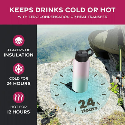 FineDine Water Bottle - Stainless Steel Insulated Water Bottle with Straw Lid, Flip Lid & Wide-Mouth Cap - Keeps Hot and Cold - 25 Oz / 739ml - Dreamy Purple