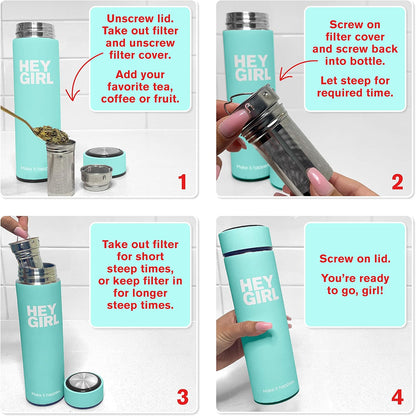 Hey Girl Tea Infuser Bottle 450ml - Insulated Stainless Steel Water Bottle - Tea Tumbler with Tea Diffuser - Portable Travel Mug for Loose Leaf Tea & Infused Water - Tea Lovers Gifts for Women (Pink)