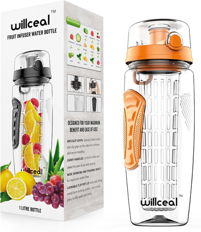 Fruit Infuser Water Bottle 32oz- Durable, Large - BPA Free Tritan, Flip Lid, Leak Proof Design - Sports, Camping