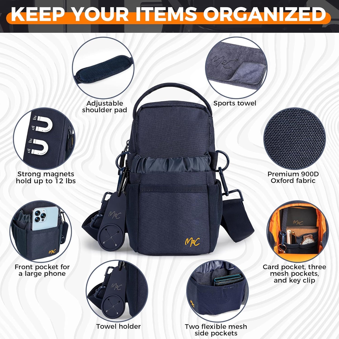 M2C® Premium Magnetic Gym Bag, Attaches to Gym Equipment, Holds 12 lbs, Gym Pouch with Water Bottle Pocket, Phone Storage, Key Clip, Adjustable Sling Strap, Ideal for Sports, Work and Travel