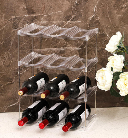 IEEK 3 Tier Stackable Wine and Water Bottle Holder Free-Standing Fridge Wine Bottle Organizers Clear Plastic Water Bottle Holder for Cabinet,Refrigerator,Pantry,Kitchen Countertops,Holds 9 Bottles