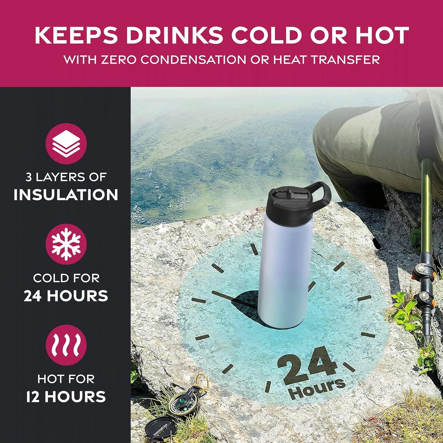 FineDine Water Bottle - Stainless Steel Insulated Water Bottle with Straw Lid, Flip Lid & Wide-Mouth Cap - Keeps Hot and Cold - 25 Oz / 739ml - Dreamy Purple