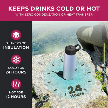 FineDine Water Bottle - Stainless Steel Insulated Water Bottle with Straw Lid, Flip Lid & Wide-Mouth Cap - Keeps Hot and Cold - 25 Oz / 739ml - Dreamy Purple