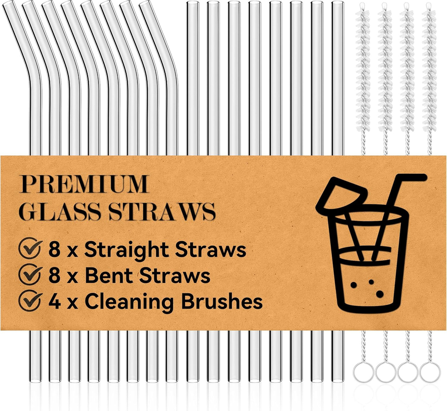 Foogwee® 20 Packs Reusable Glass Straws Set, 8.5'' x 10mm Clear Drinking Straws for Smoothies, Shakes, Coffee, Juice, Sodas, Milk, Tea, Cocktails, Set of 8 Straight and 8 Bent with 4 Cleaning Brushes