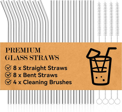 Foogwee® 20 Packs Reusable Glass Straws Set, 8.5'' x 10mm Clear Drinking Straws for Smoothies, Shakes, Coffee, Juice, Sodas, Milk, Tea, Cocktails, Set of 8 Straight and 8 Bent with 4 Cleaning Brushes