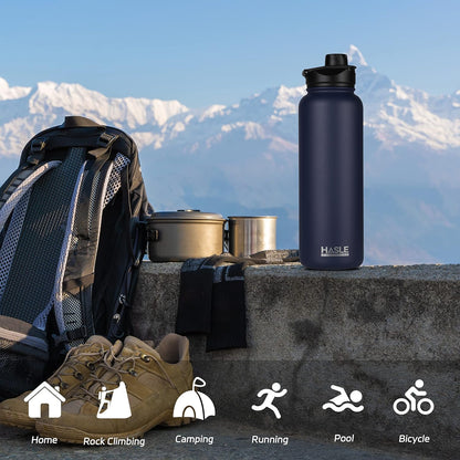 HASLE OUTFITTERS 32 oz Insulated Water Bottle Stainless Steel Double Walled Vacuum Sports Water Bottle with 2 Lids (Straw and Spout Lid) for Gym Camping Hiking(Black,1)
