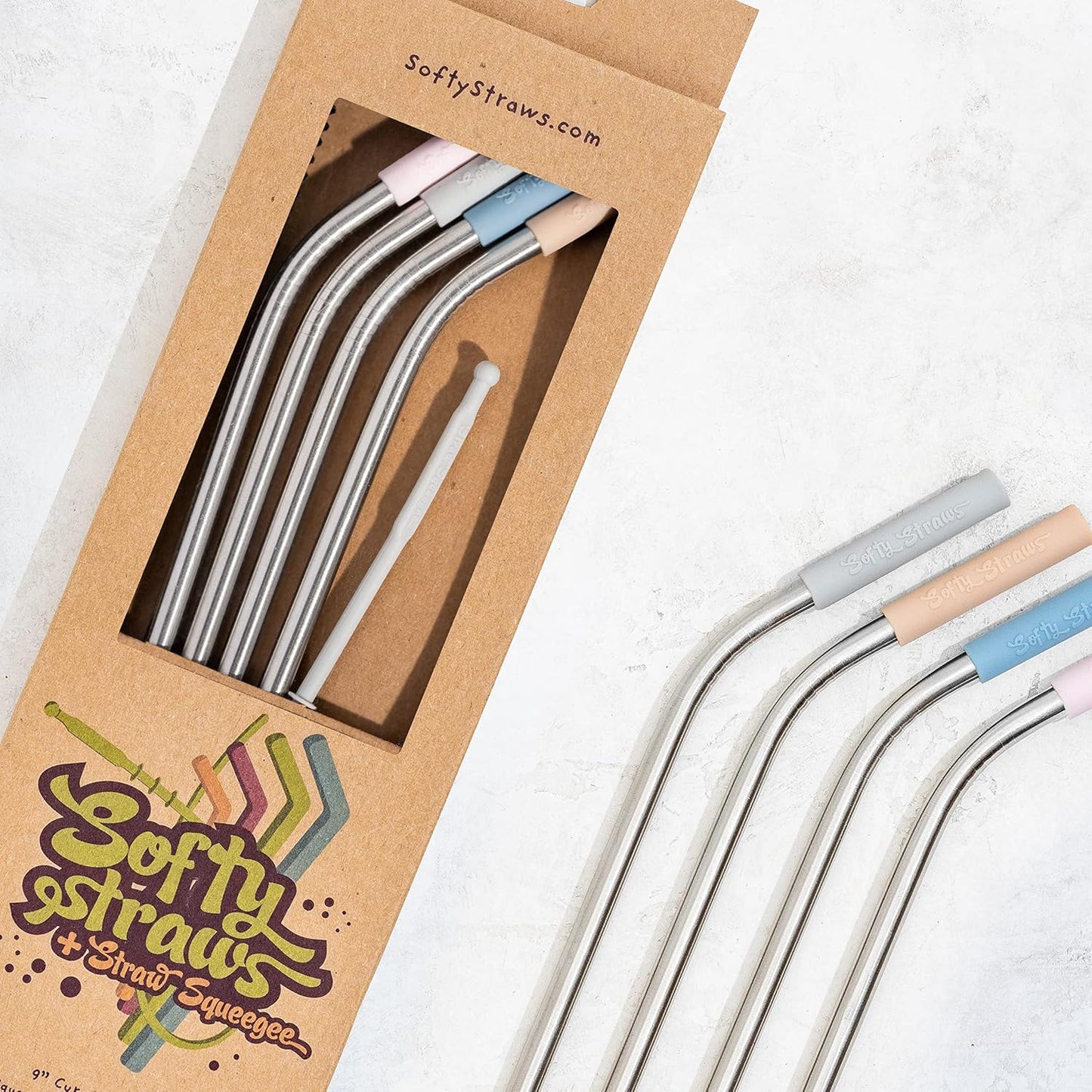 Softy Straws Premium Reusable Stainless Steel Drinking Straws With Silicone Tips + Patented Straw Cleaners and Carrying Case - 9” Long Metal With Curved Bend for 20/30/32oz Tumblers