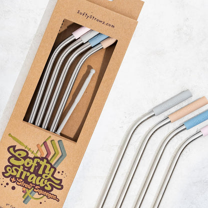 Softy Straws Premium Reusable Stainless Steel Drinking Straws With Silicone Tips + Patented Straw Cleaners and Carrying Case - 9” Long Metal With Curved Bend for 20/30/32oz Tumblers