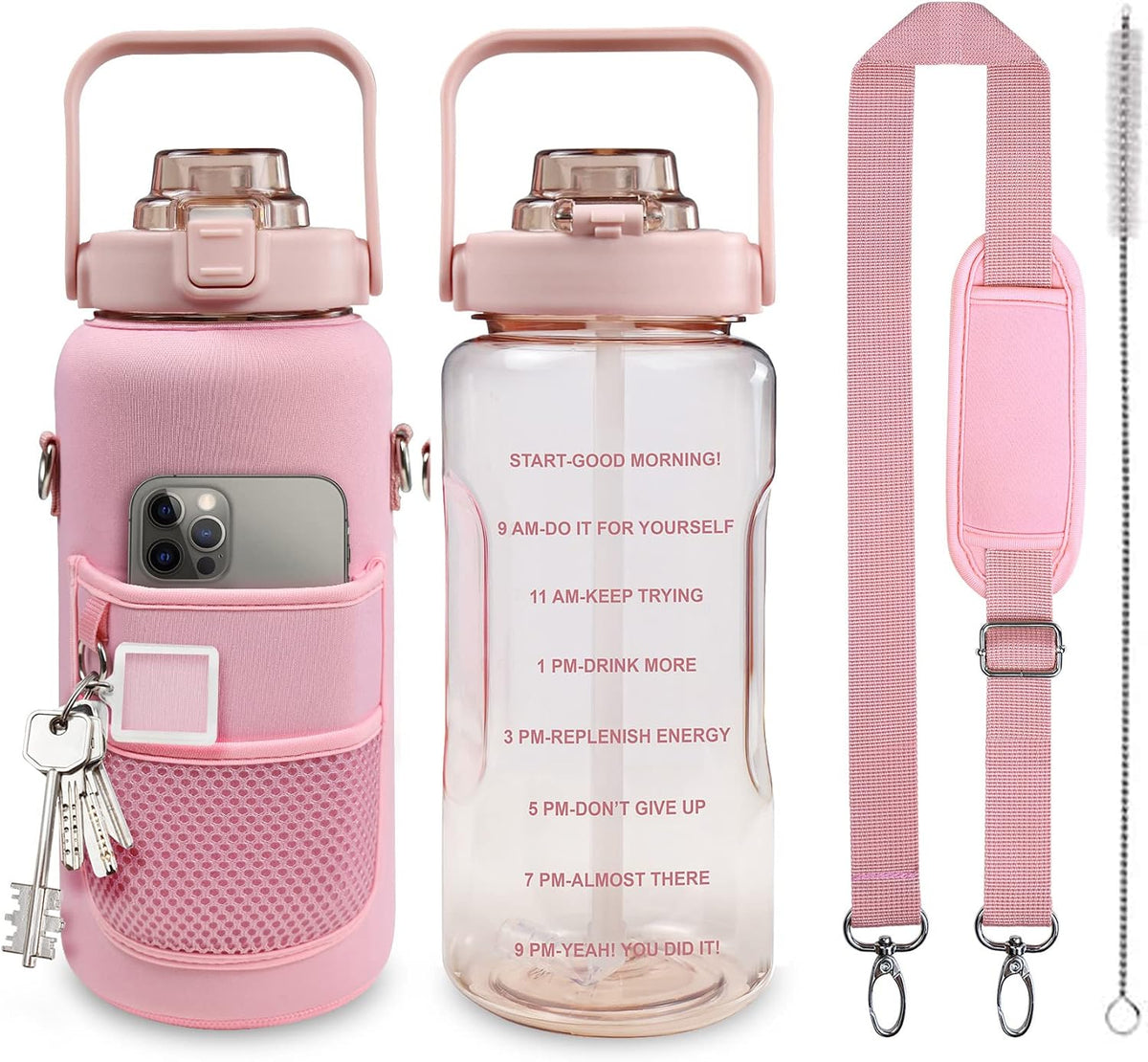 Half Gallon Water Bottle with Sleeve, 64OZ Motivational Water Bottle