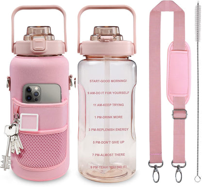 Half Gallon Water Bottle with Sleeve, 64OZ Motivational Water Bottle
