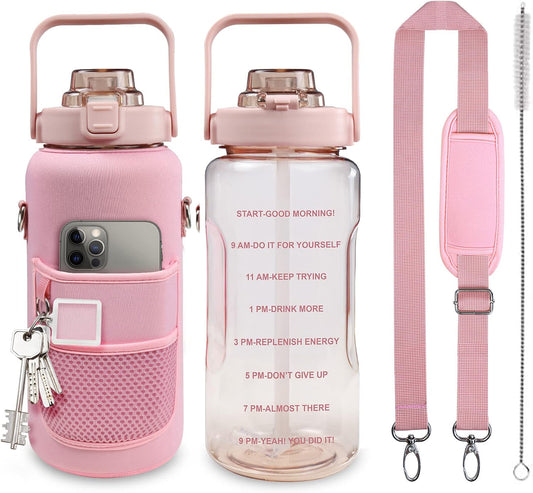 Half Gallon Water Bottle with Sleeve, 64OZ Motivational Water Bottle