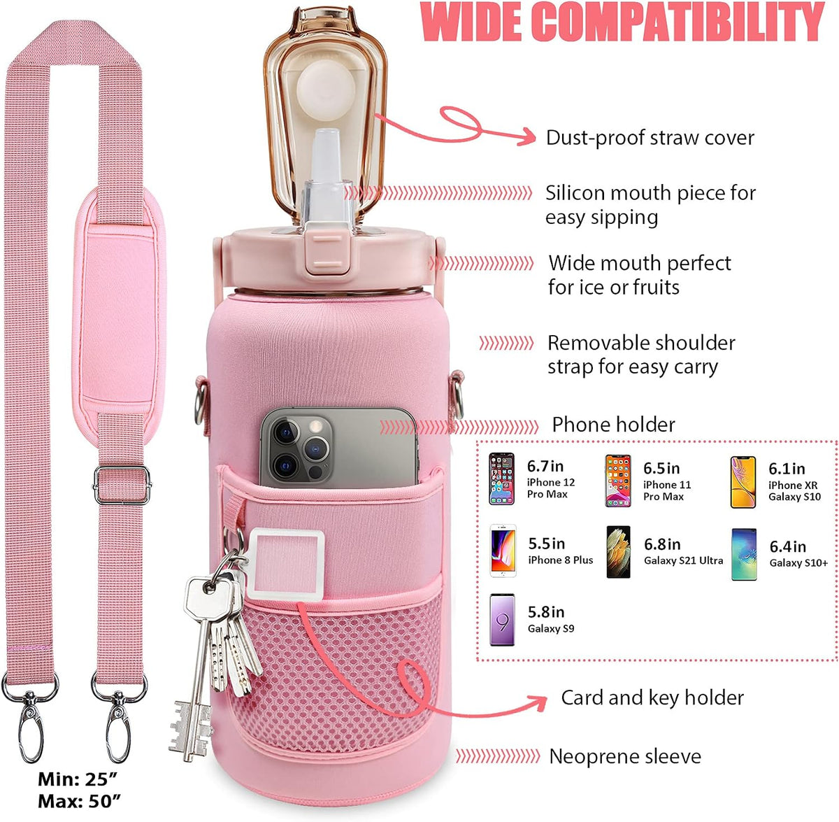 Half Gallon Water Bottle with Sleeve, 64OZ Motivational Water Bottle