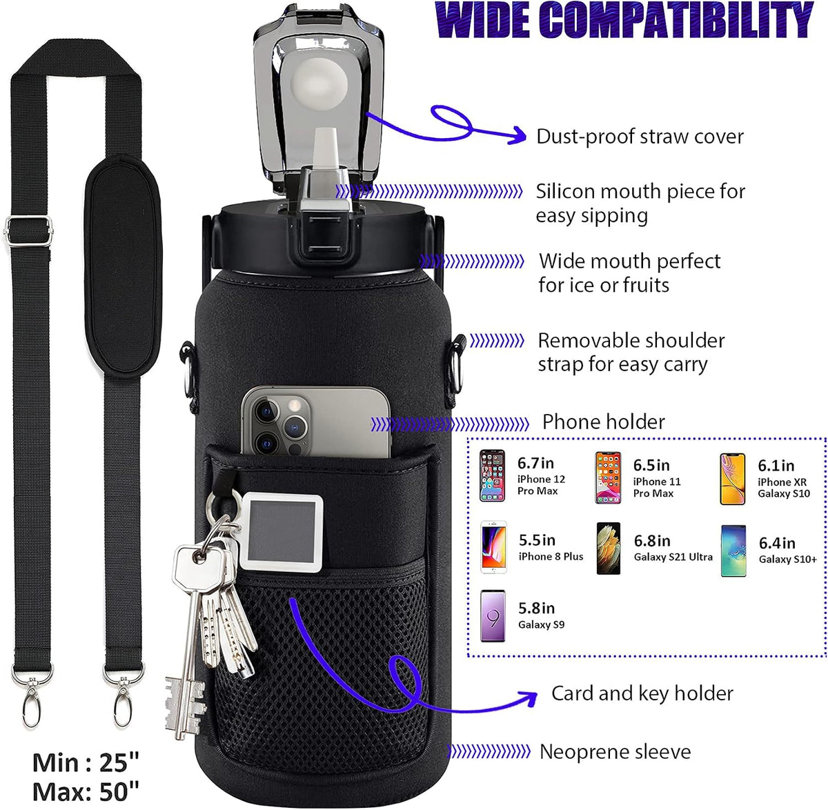 Half Gallon Water Bottle with Sleeve, 64OZ Motivational Water Bottle
