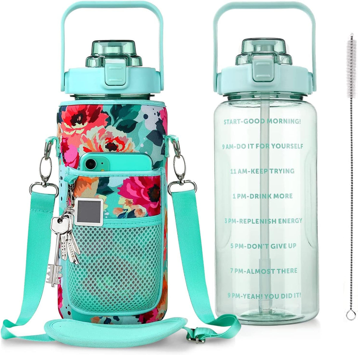 Half Gallon Water Bottle with Sleeve, 64OZ Motivational Water Bottle