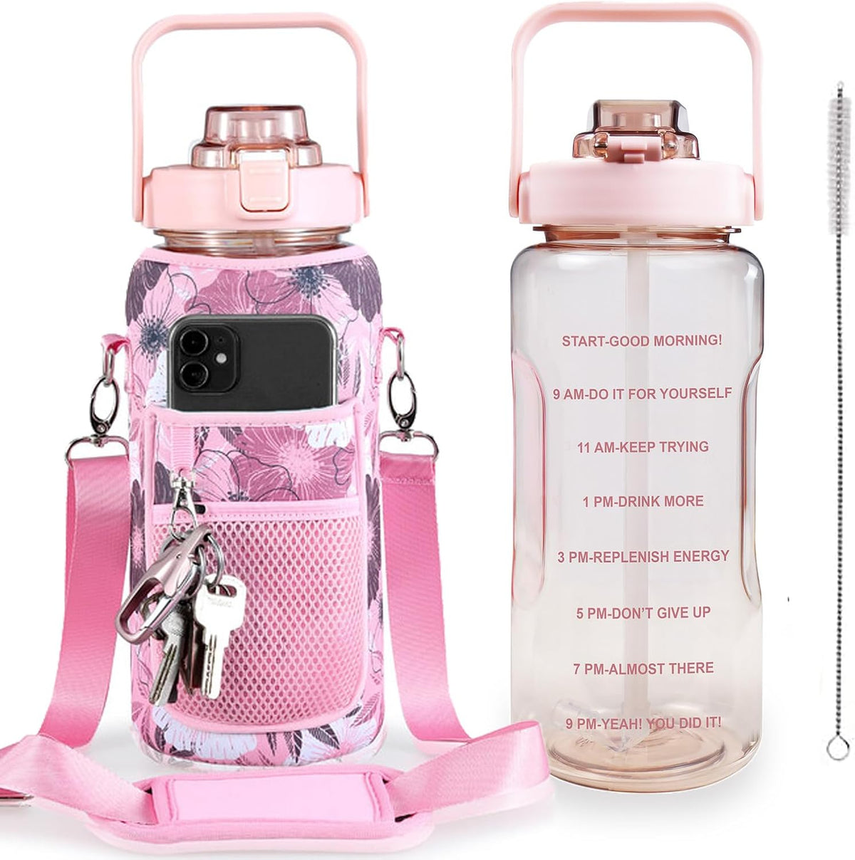 Half Gallon Water Bottle with Sleeve, 64OZ Motivational Water Bottle