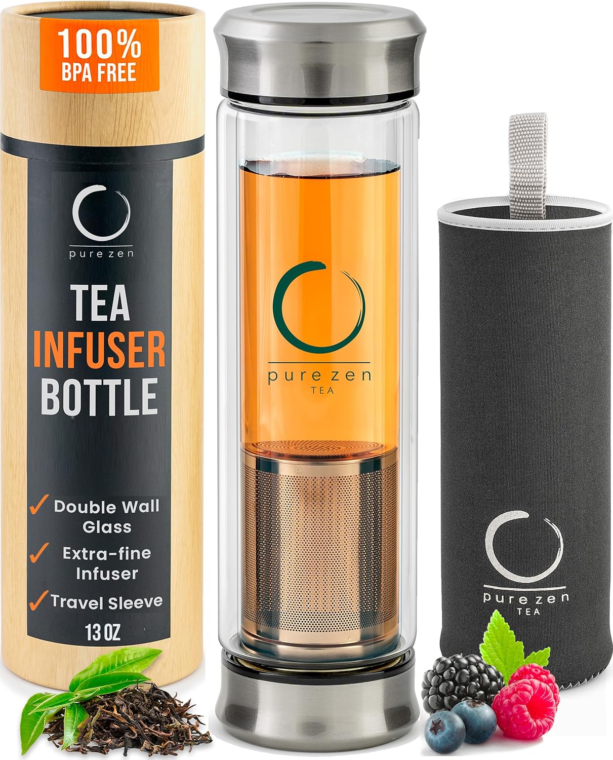 Pure Zen Tea Infuser Bottle - Double Wall Glass Travel Mug with Stainless Steel Filter - Leakproof Tea Tumbler with Infuser for Loose Leaf Infusions and Fruit Infused Water - Unique Gift Set - 13 oz