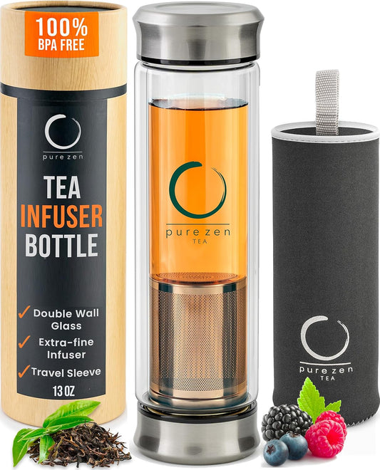 Pure Zen Tea Infuser Bottle - Double Wall Glass Travel Mug with Stainless Steel Filter - Leakproof Tea Tumbler with Infuser for Loose Leaf Infusions and Fruit Infused Water - Unique Gift Set - 13 oz