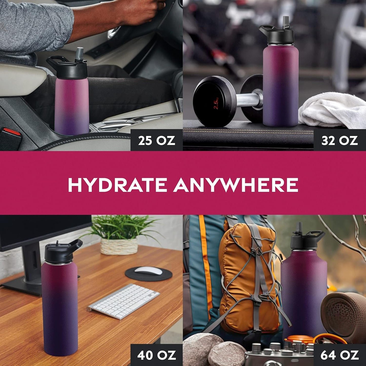 FineDine Water Bottle - Stainless Steel Insulated Water Bottle with Straw Lid, Flip Lid & Wide-Mouth Cap - Keeps Hot and Cold - 25 Oz / 739ml - Dreamy Purple