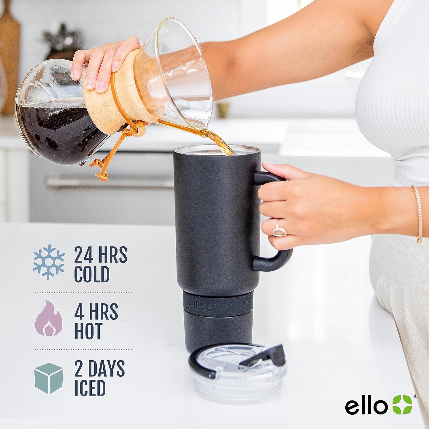 Ello Port 40oz Tumbler with Carry Loop & Integrated Handle, Vacuum Insulated Stainless Steel Reusable Water Bottle, Travel Mug with Leak Proof Lid & Straw, Perfect for Iced Coffee & Tea, White