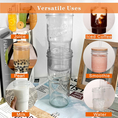 ANOTION Bamboo Mason Leakproof Mason Jar Cups with Lids and Straws, Cap Cup 24oz Glass Tumbler with Handle, Rotating Lid Silicone Straw, Reusable Iced Coffee Matcha Cup Coffee Gifts for Women 2pc