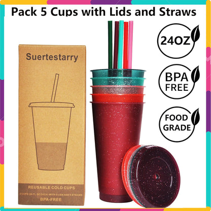 Suertestarry Tumbler with Straw and Lid,Water Bottle Iced Coffee Travel Mug Cup,Reusable Plastic Cups,Perfect for Parties,Birthdays,24oz-5 Pack (Rainbow, 5pack)