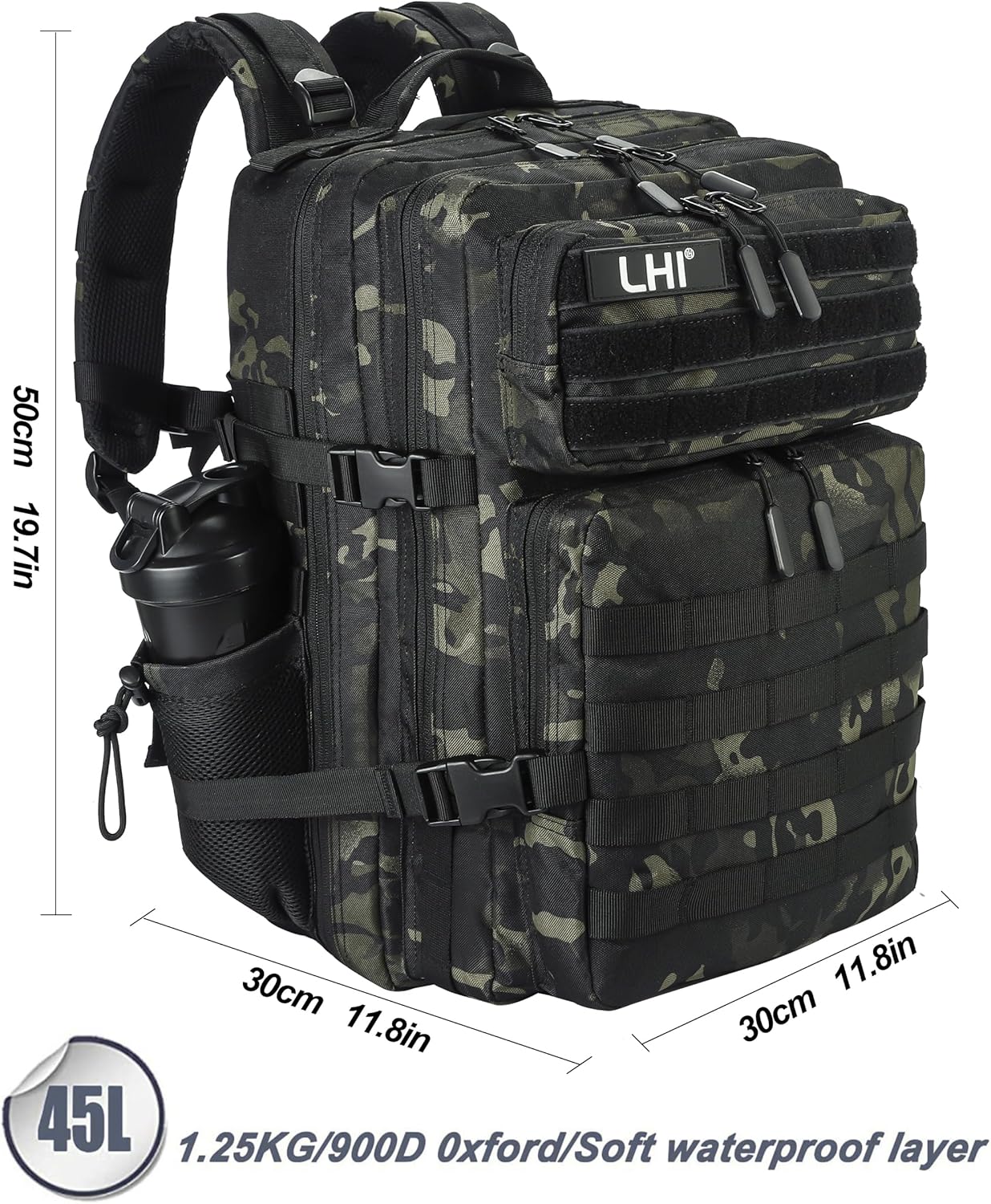 LHI Military Tactical Backpack for Men and Women 45L Army 3 Days Assault Pack Bag Large Rucksack with Molle System - Black - Colors A