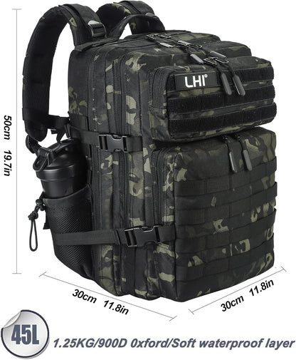LHI Military Tactical Backpack for Men and Women 45L Army 3 Days Assault Pack Bag Large Rucksack with Molle System - Black - Colors A