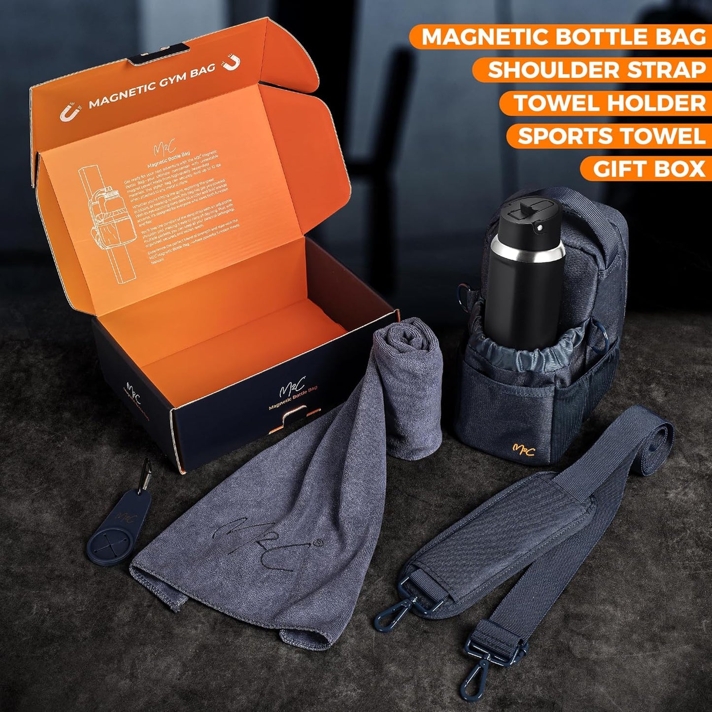 M2C® Premium Magnetic Gym Bag, Attaches to Gym Equipment, Holds 12 lbs, Gym Pouch with Water Bottle Pocket, Phone Storage, Key Clip, Adjustable Sling Strap, Ideal for Sports, Work and Travel