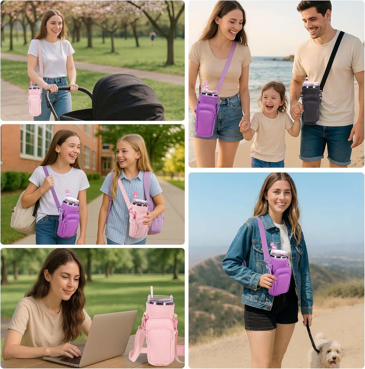 &And Per Se Water Bottle Shoulder Bag with Phone Pocket, Compatible with Stanley 30oz Tumblers - Neoprene Carrier with Adjustable Strap & Charm Accessory (Black)