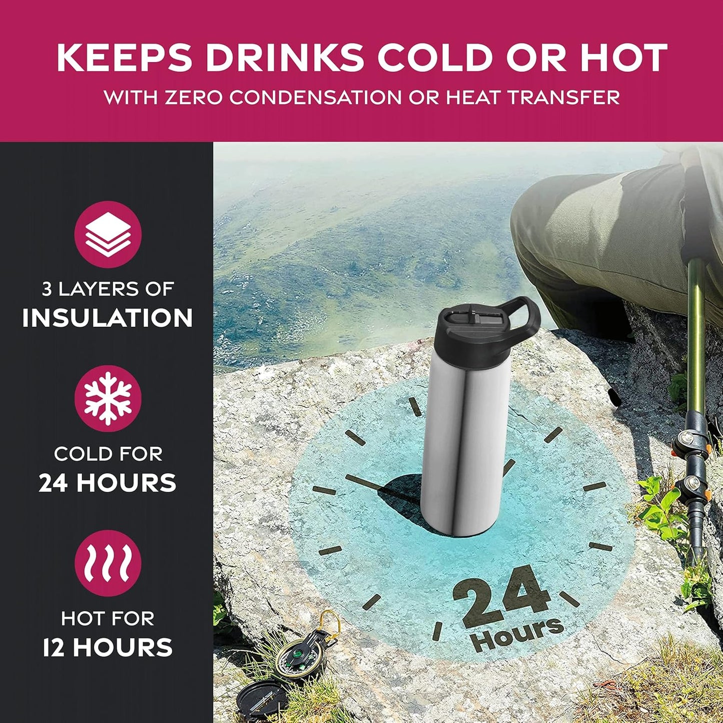 FineDine Water Bottle - Stainless Steel Insulated Water Bottle with Straw Lid, Flip Lid & Wide-Mouth Cap - Keeps Hot and Cold - 25 Oz / 739ml - Dreamy Purple