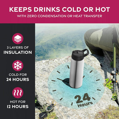 FineDine Water Bottle - Stainless Steel Insulated Water Bottle with Straw Lid, Flip Lid & Wide-Mouth Cap - Keeps Hot and Cold - 25 Oz / 739ml - Dreamy Purple