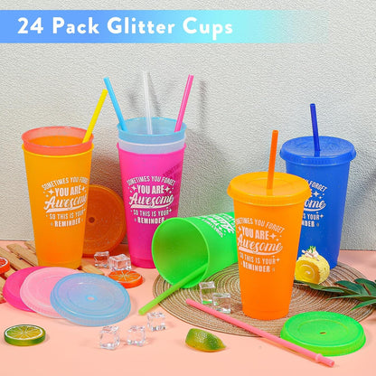 24 Pack Plastic Tumblers with Lids and Straw, Reusable Cups with Lids and Straws Colorful Cups for Cold Drink Iced Coffee, Plastic Tumbler Bulk for Party Birthday Gifts (24 oz, Stylish Colors)