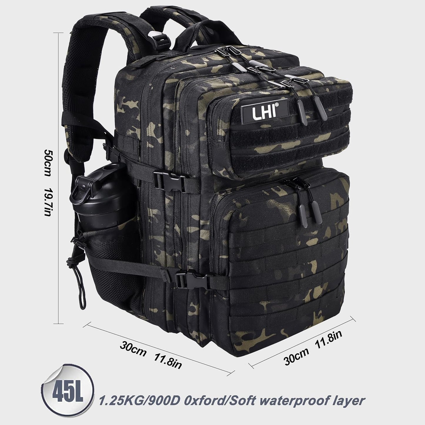 LHI Military Tactical Backpack for Men and Women 45L Army 3 Days Assault Pack Bag Large Rucksack with Molle System - Black - Colors B