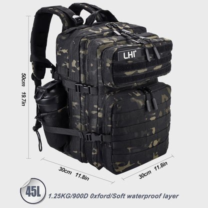 LHI Military Tactical Backpack for Men and Women 45L Army 3 Days Assault Pack Bag Large Rucksack with Molle System - Black - Colors B