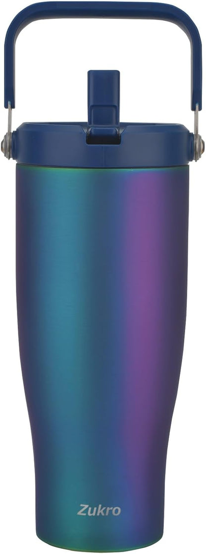 Zukro 40 oz Insulated Tumbler with Top Handle and Flip Straw, Leak Proof | No Sweat Stainless Steel Water Bottle Fits in Cup Holder, Keep Drinks Cold 24 Hours for Outdoors & Gym, BPA Free, Aurora