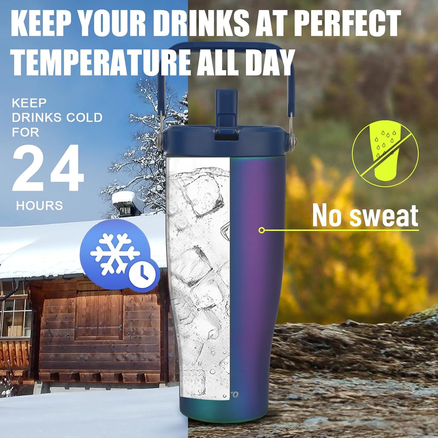 Zukro 40 oz Insulated Tumbler with Top Handle and Flip Straw, Leak Proof | No Sweat Stainless Steel Water Bottle Fits in Cup Holder, Keep Drinks Cold 24 Hours for Outdoors & Gym, BPA Free, Aurora