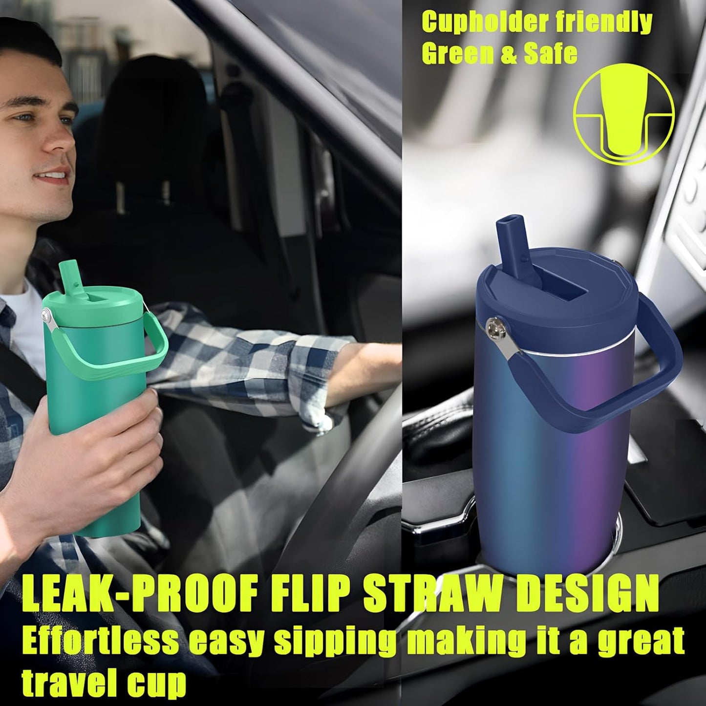 Zukro 40 oz Insulated Tumbler with Top Handle and Flip Straw, Leak Proof | No Sweat Stainless Steel Water Bottle Fits in Cup Holder, Keep Drinks Cold 24 Hours for Outdoors & Gym, BPA Free, Aurora