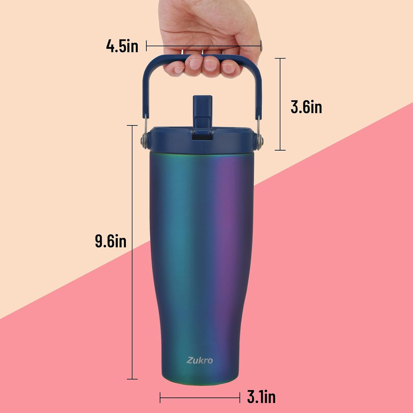 Zukro 40 oz Insulated Tumbler with Top Handle and Flip Straw, Leak Proof | No Sweat Stainless Steel Water Bottle Fits in Cup Holder, Keep Drinks Cold 24 Hours for Outdoors & Gym, BPA Free, Aurora