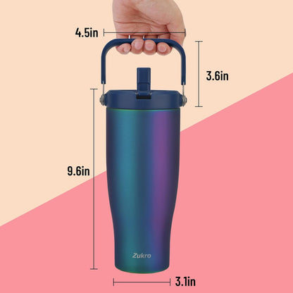 Zukro 40 oz Insulated Tumbler with Top Handle and Flip Straw, Leak Proof | No Sweat Stainless Steel Water Bottle Fits in Cup Holder, Keep Drinks Cold 24 Hours for Outdoors & Gym, BPA Free, Aurora
