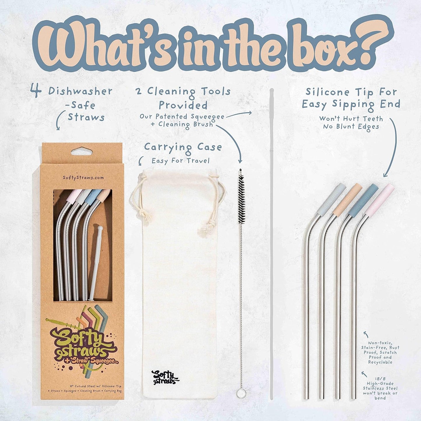 Softy Straws Premium Reusable Stainless Steel Drinking Straws With Silicone Tips + Patented Straw Cleaners and Carrying Case - 9” Long Metal With Curved Bend for 20/30/32oz Tumblers