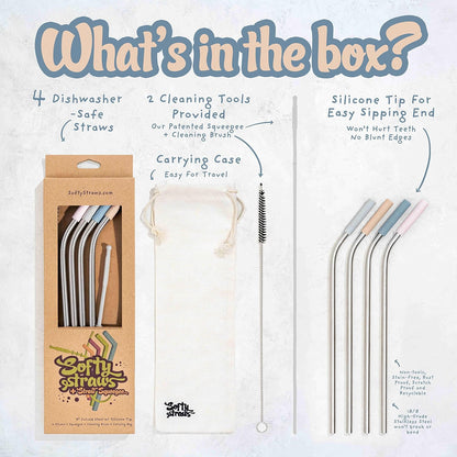 Softy Straws Premium Reusable Stainless Steel Drinking Straws With Silicone Tips + Patented Straw Cleaners and Carrying Case - 9” Long Metal With Curved Bend for 20/30/32oz Tumblers