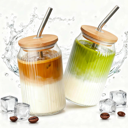 4 Packs Ribbed Glass Tumbler with Lid and Straw 16 oz Cute Ice Coffee Cup Set for Smoothie Juice Matcha Tea Latte Cappuccino Espresso Hot Coffe Water Reusable Clear Travel Boba Aesthetic Drinking Mug