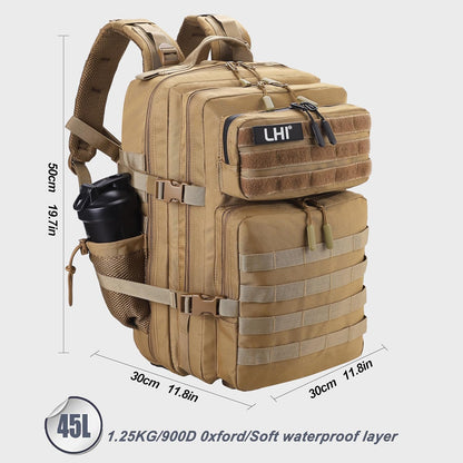 LHI Military Tactical Backpack for Men and Women 45L Army 3 Days Assault Pack Bag Large Rucksack with Molle System - Black - Colors B
