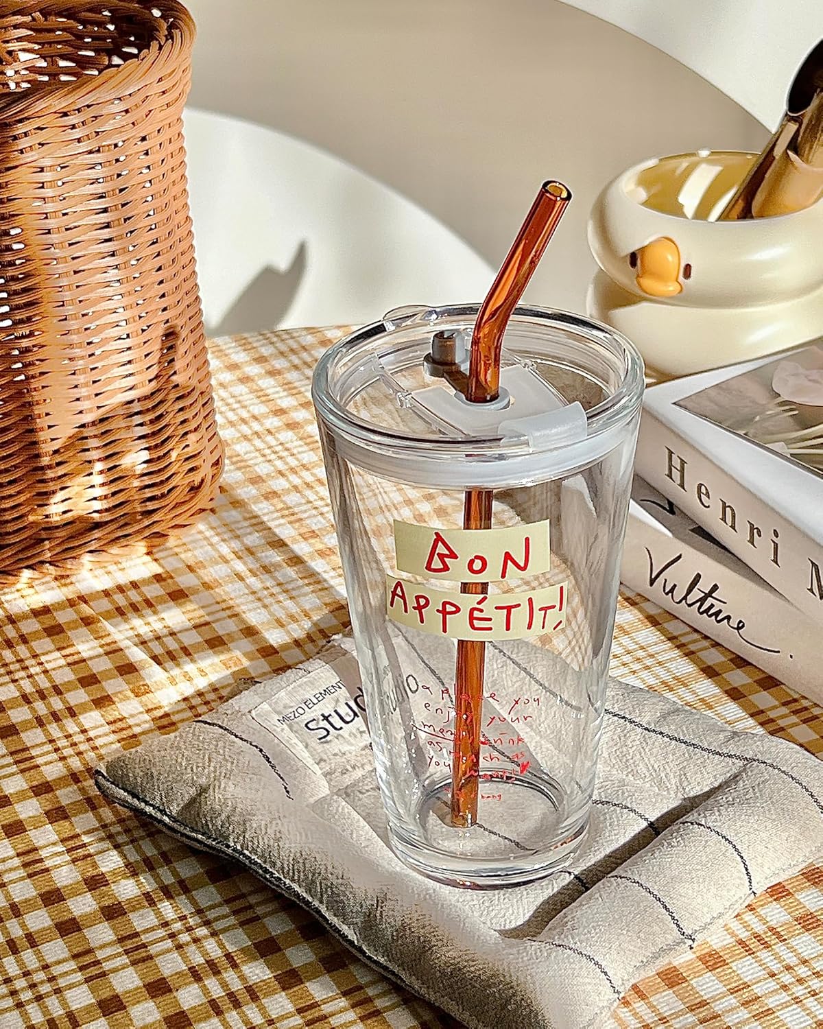 Olvini 15oz Glass Tumbler with Straw and Lid, Cute Iced Coffee Cups, Aesthetic Glass Cups, Coffee Tumbler, Water Cup, Matcha Cup, Drinking Glasses (Clear)
