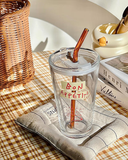 Olvini 15oz Glass Tumbler with Straw and Lid, Cute Iced Coffee Cups, Aesthetic Glass Cups, Coffee Tumbler, Water Cup, Matcha Cup, Drinking Glasses (Clear)