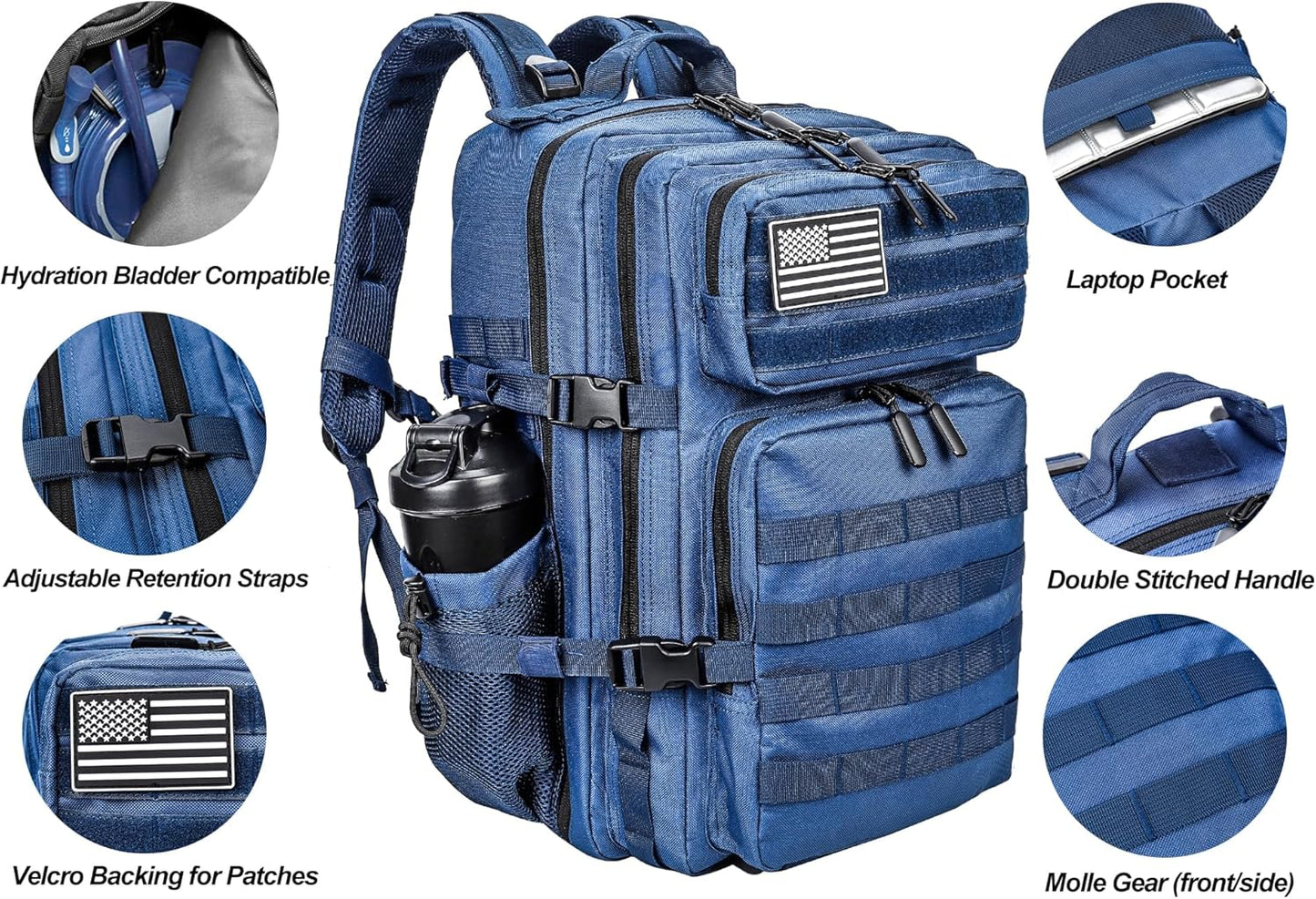 LHI Military Tactical Backpack for Men and Women 45L Army 3 Days Assault Pack Bag Large Rucksack with Molle System - Black - Colors B